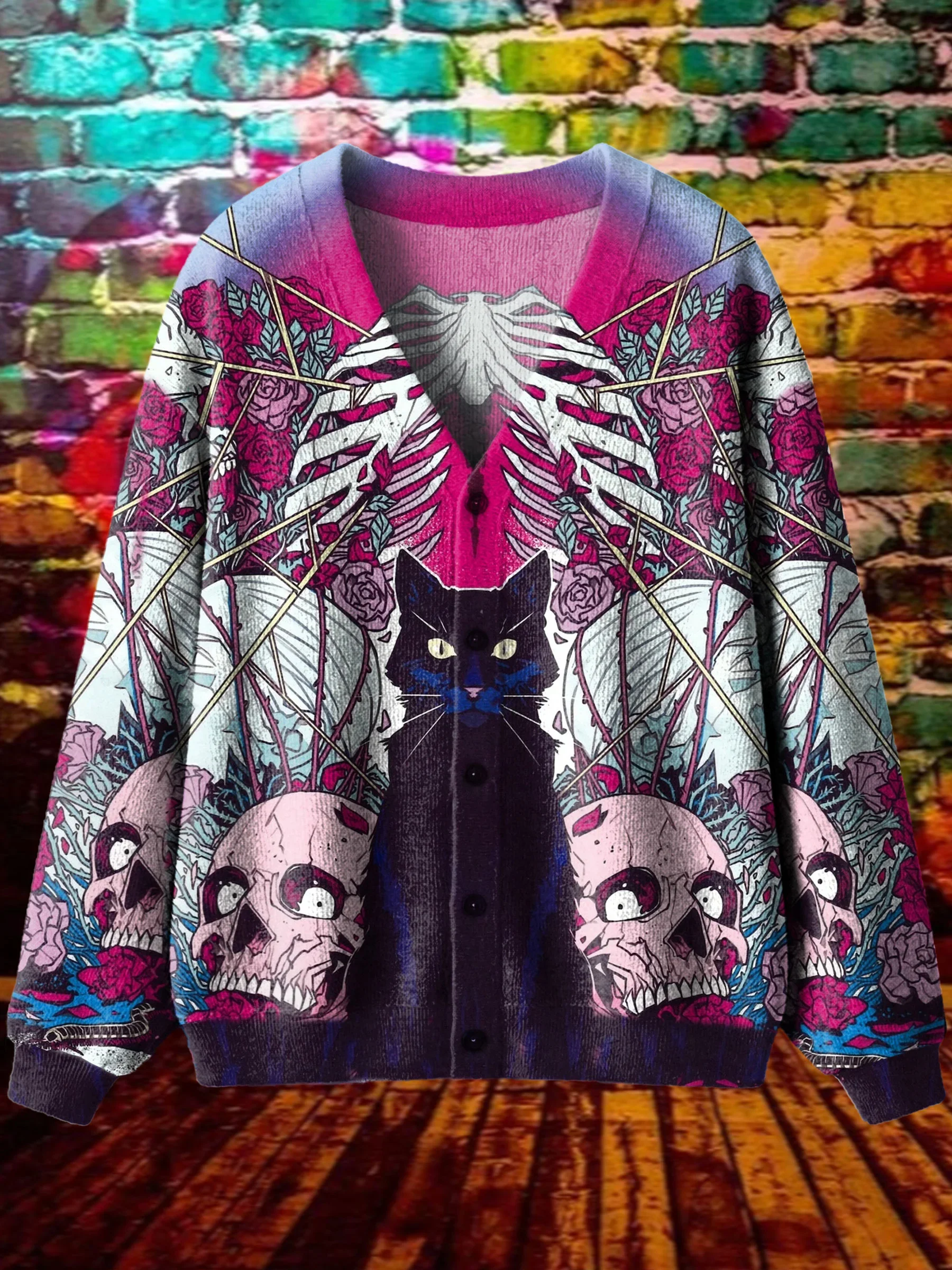 

Black Cat Long Sleeved Sweater Cardigan Cozy Fancy Women's Men's Clothing