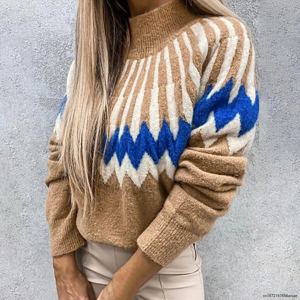 Winter Sweater Lady Loose Sweater Women Half Turtleneck Popular Rhombus Pattern Half Turtleneck Sweater