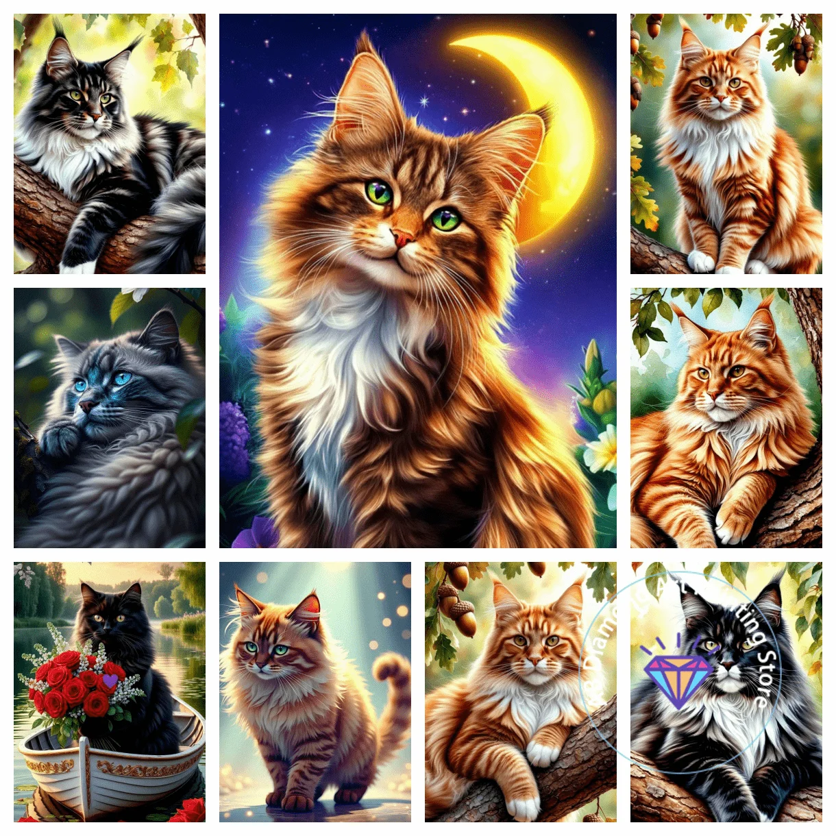 

Maine Coon Cat Animal Diamond Painting Kit 5D DIY Diamond Embroidery Cross Embroidery Handmade Art Gift Crafts Home Decoration