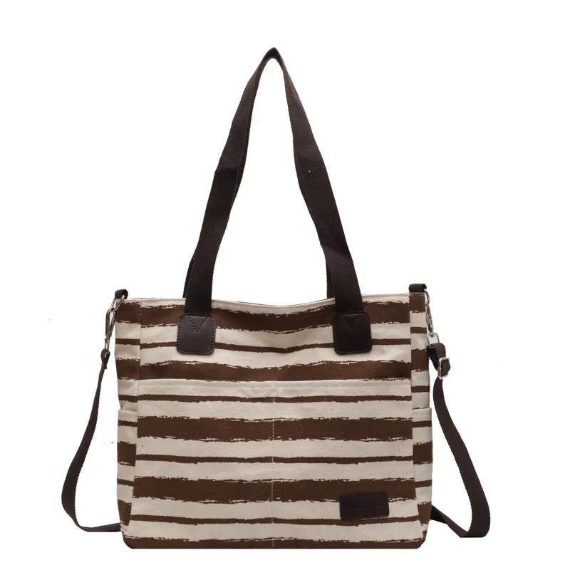 Polyester Vertical Style 2024 New Shoulder Bag Women's Fashion Versatile Simple Korean Large Capacity Handheld Striped Canvas