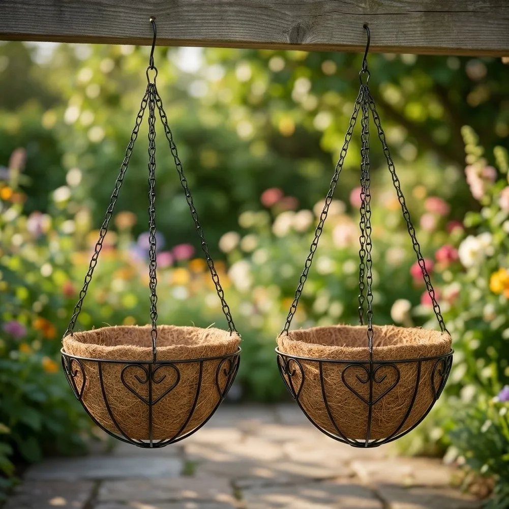 2Pcs Hanging Metal Basket Flower Pots with Coconut Fiber Liners for Enhanced Plant for vitality and Rustic Outdoor Decor