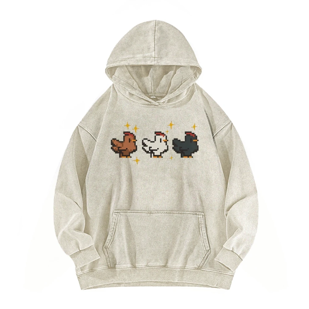 Stardew Valley Washed Hoodie Pixel Chicken Shirt Funny Farmer Pullovers Farm Gamer Chicken Lover 2024 Autumn Winter Sportwear