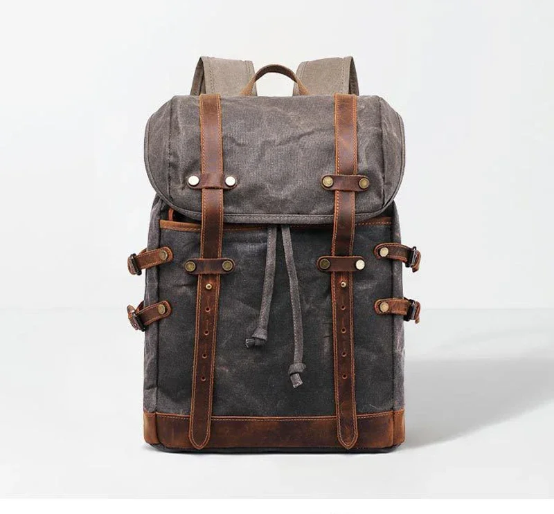 Fashion Waterproof Waxed Canvas Backpack Men Genuine Leather Women Backpack large Rucksale teenager Travel Bag Large bagpack