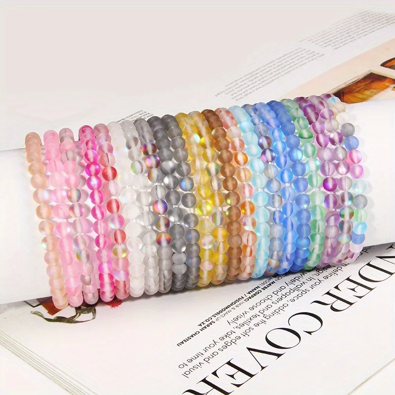 6mm Fashion Women Bracelet High Luster Matte Moonstone Bracelets 6mm Rainbow Glass Beads Bangle Handmade Stretch Jewelry Gifts