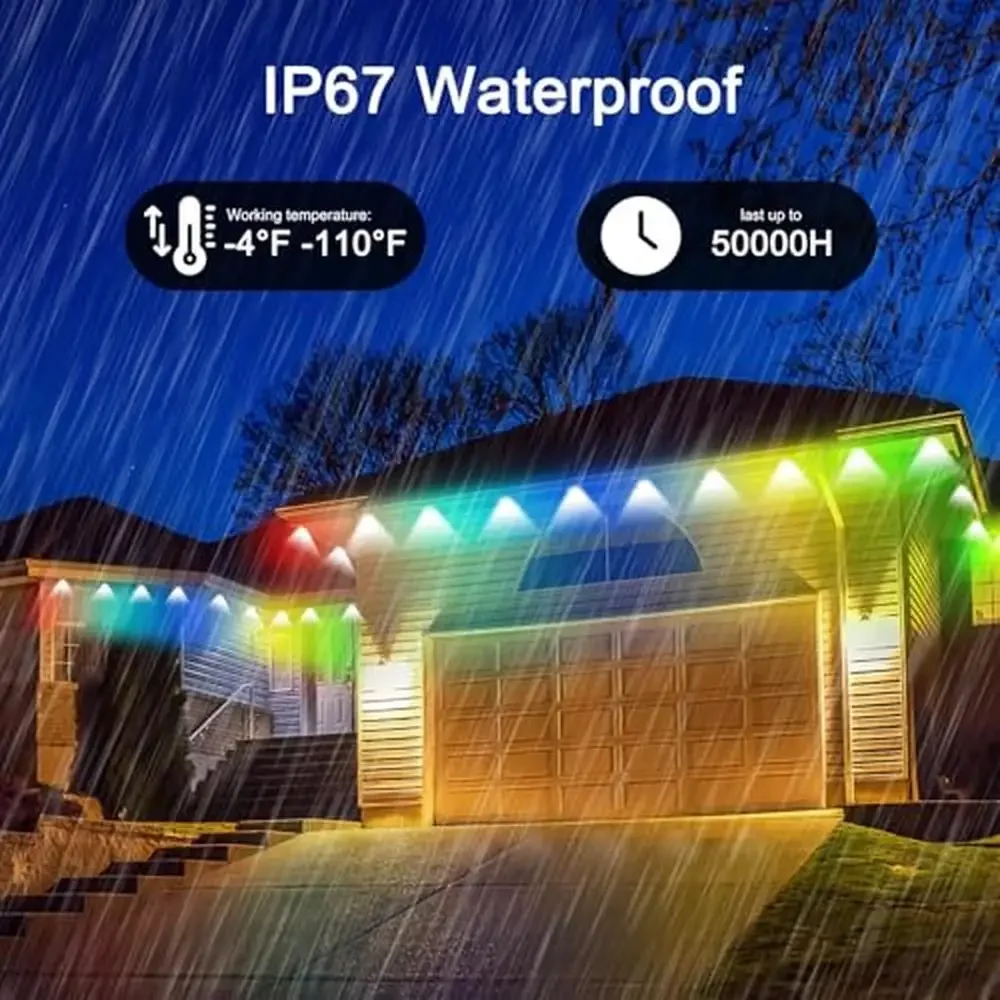 105ft RGB Outdoor String Lights Smart IP67 Waterproof Holiday Lights with 72 Scene Modes Sync to Music DIY Control APP Remote