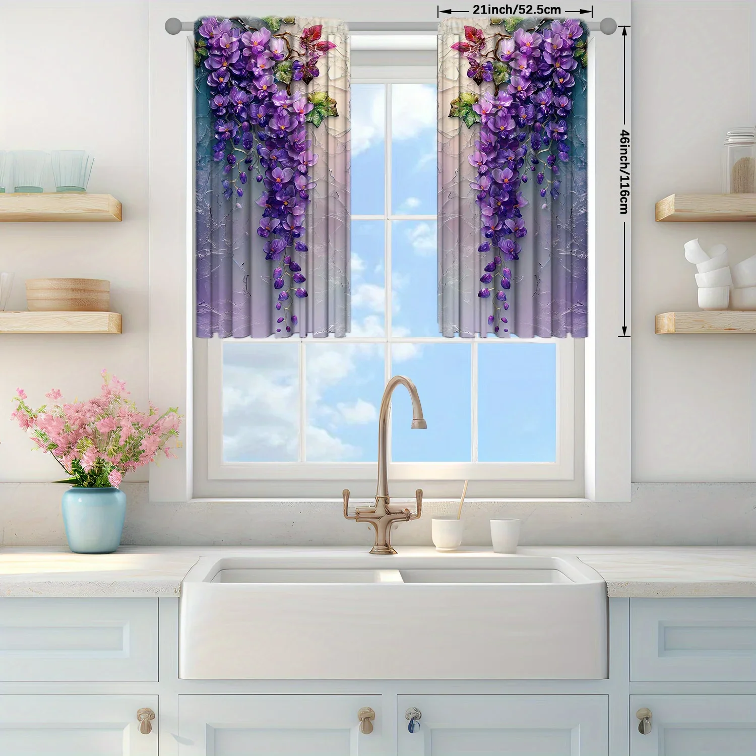 2pcs Glass Flower Printed Curtain for Home Decor - Rod Pocket Window Treatment for Bedroom,Office,Kitchen,Living Room,and Study