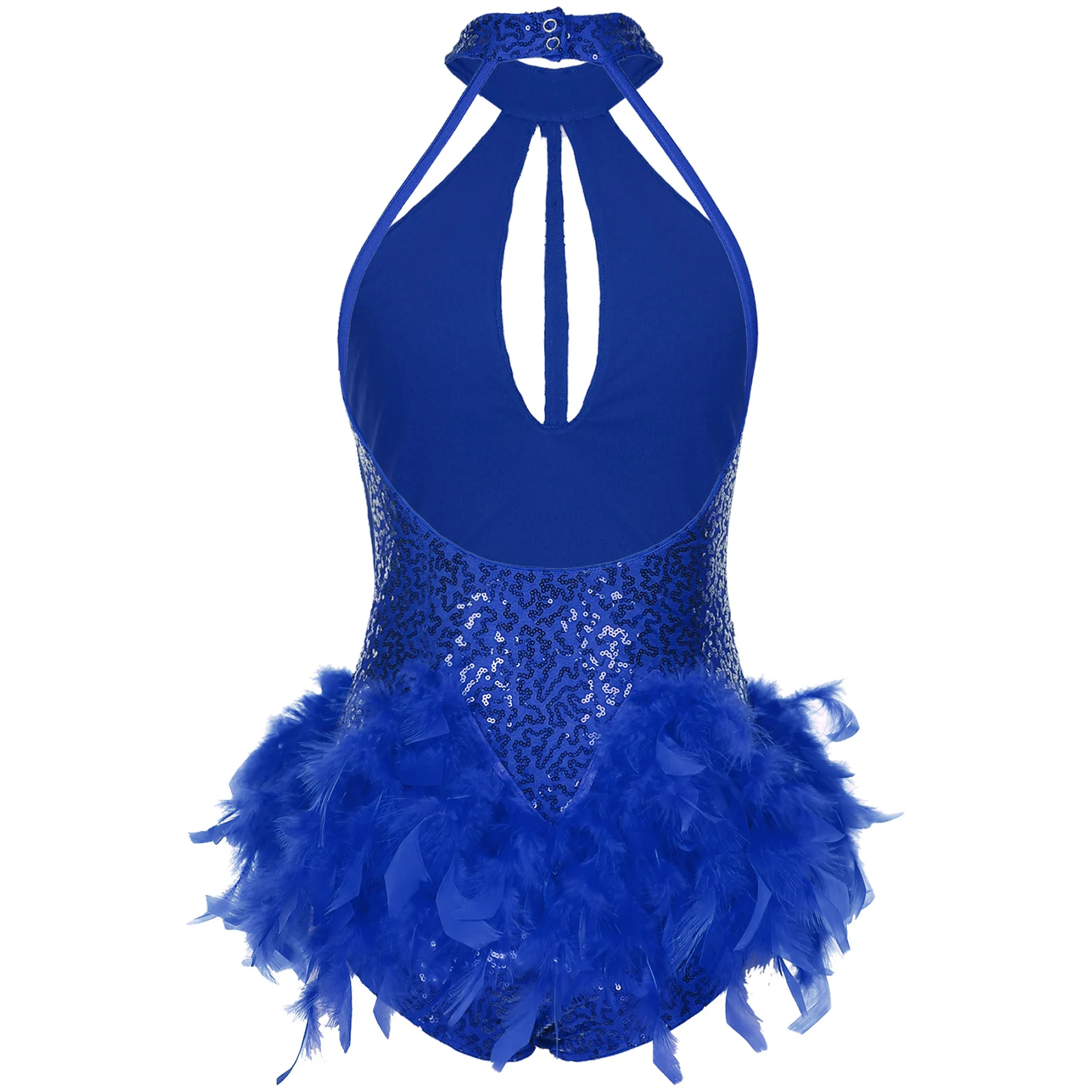 Womens Glittery Sequins Feather Latin Jazz Dance Leotard Dress Tango Latin Dancewear Halter Backless Keyhole Front Rumba Dress