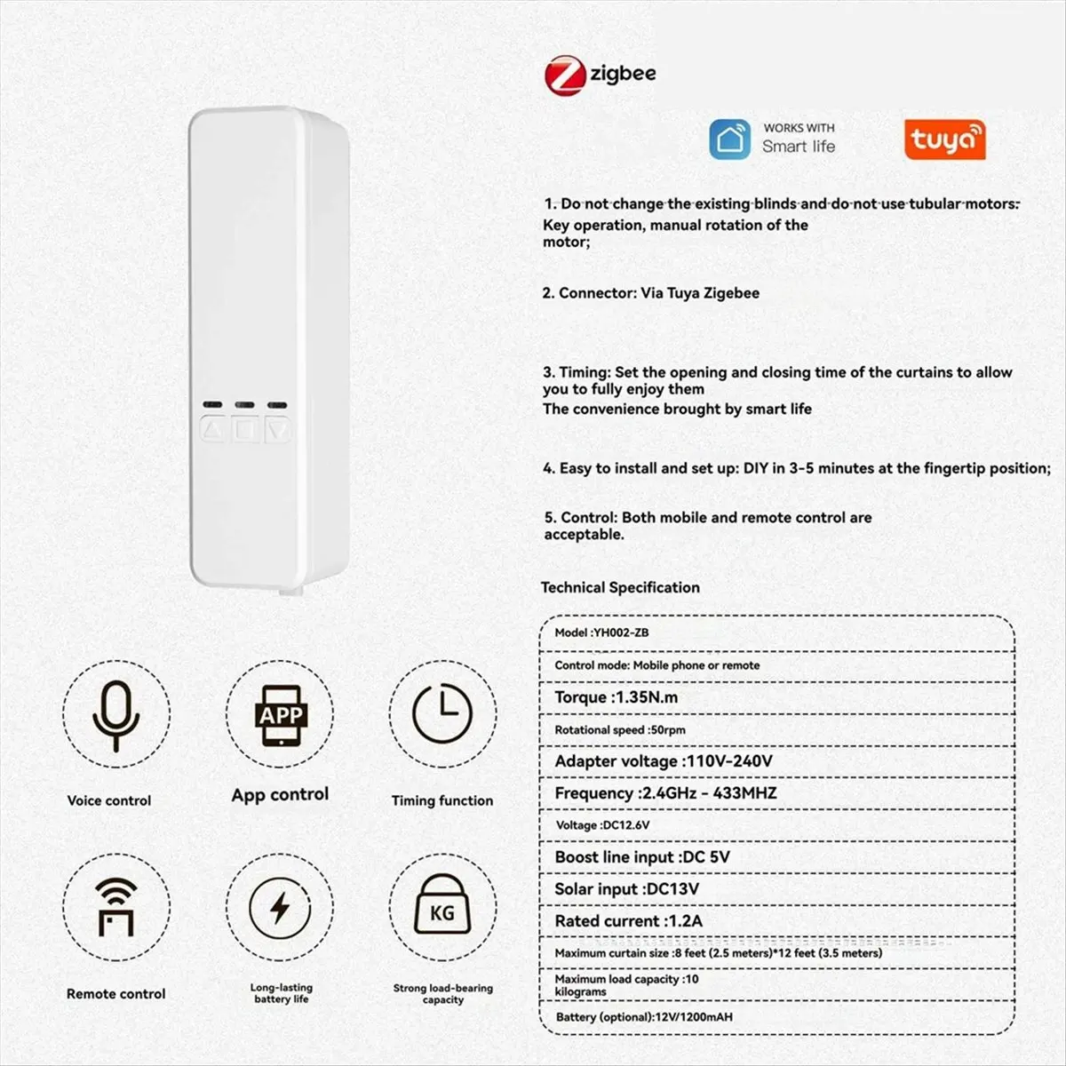 Tuya Zigbee Smart Curtain Motor Electric Roller Blinds/Shade Shutter Drive Voice Control Via & Home