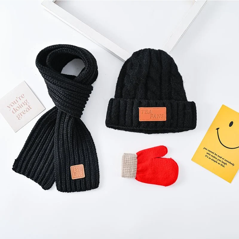 Children's 3-piece new autumn/winter suit hat scarf Knitted wool ear cap thickened warm daily bib