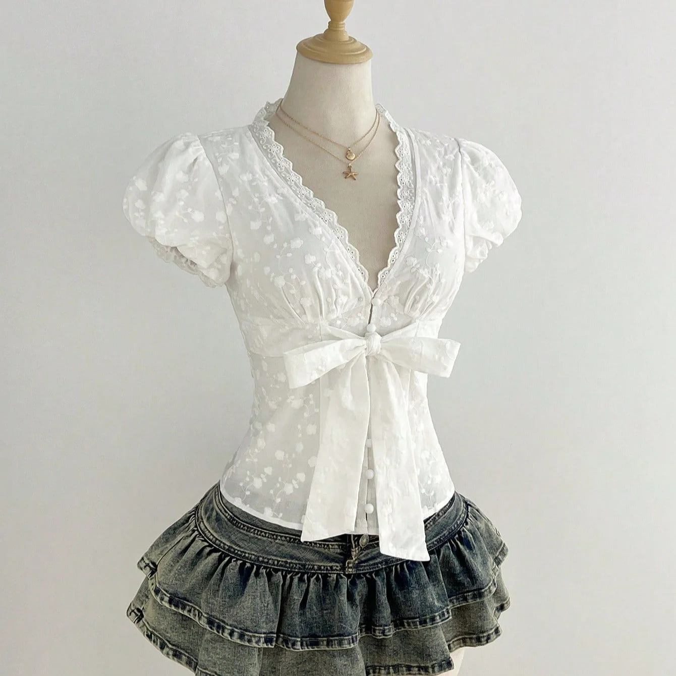 

Women Solid Lace Shirt Basic Lace Up Tops Short Puff Sleeves V Collar Single Breasted Thin Slim Office Lady Casual 2026 Summer