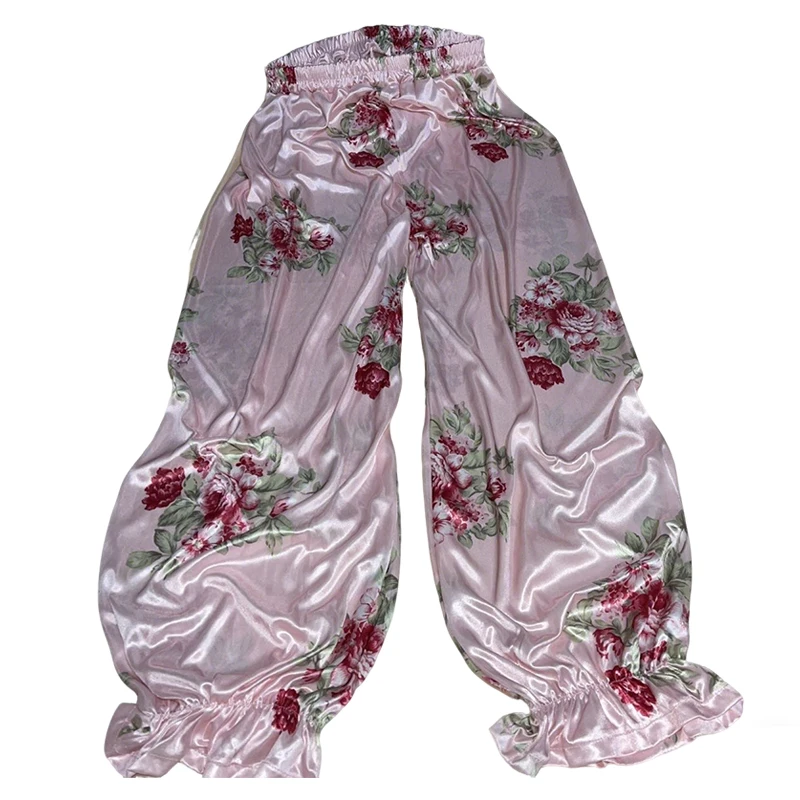 

Men Sexy Pink Ultra thin Floral Ice Silk Glossy Lantern Pants Women See Through Silky Smooth Ruffled Loose Trousers Plus Size