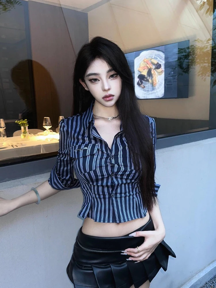 

American Sle Collar Striped Long Sve irt Women's Spring Summer Slim Fit Waist Cinched Base irt Top