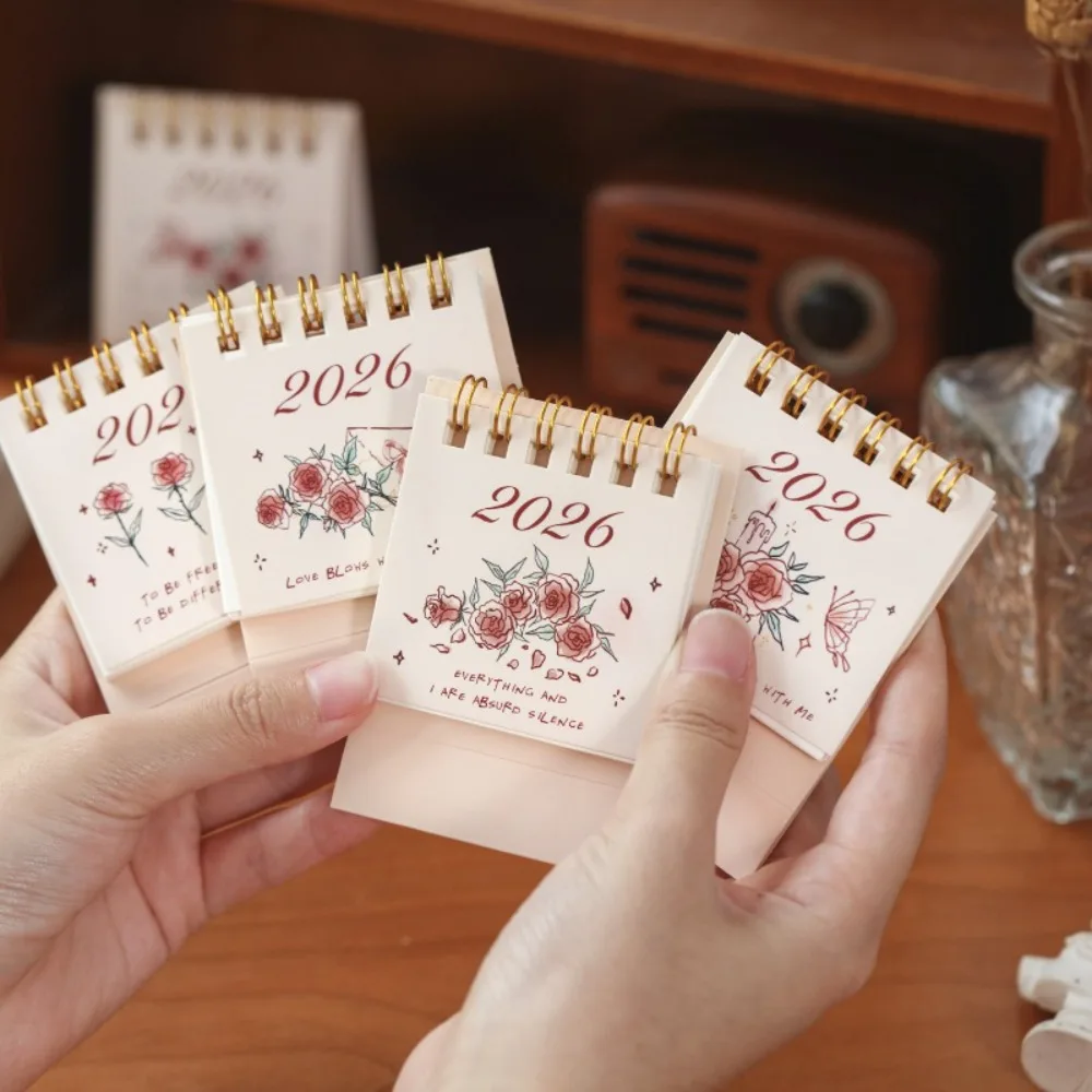 

1pcs 2026 Rose Mini Desk Calendar - Creative Portable Desktop Decoration, Compact Floral Calendar for Home, Office, Organization