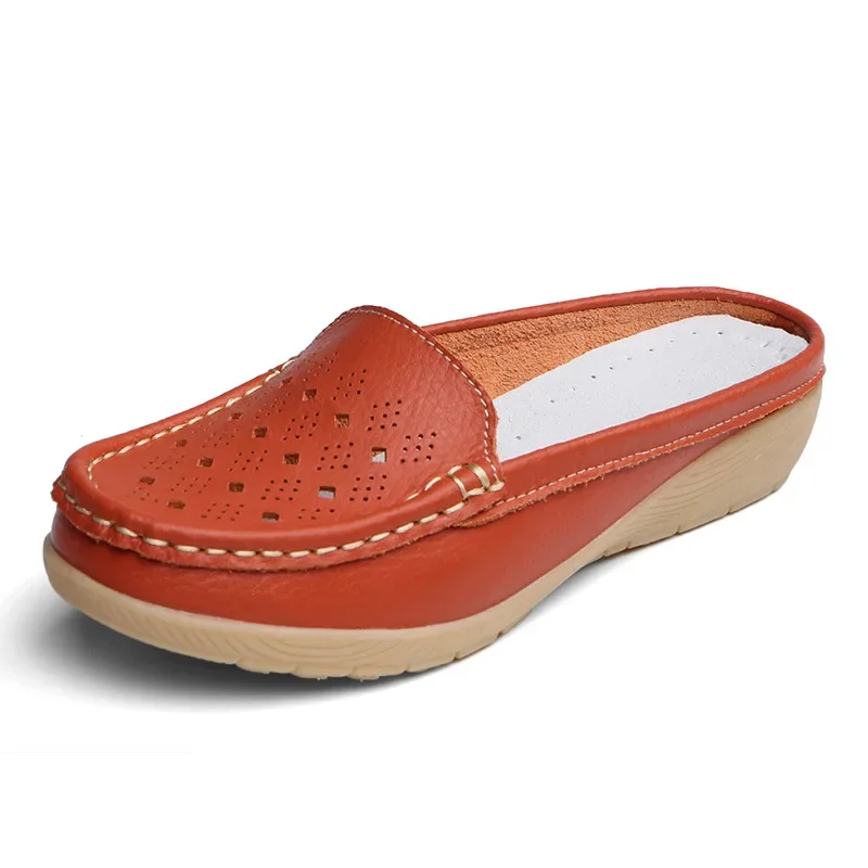 Summer New Women Wedge Slippers Leather Hollow Slip-On Loafers Vintage Casual Anti-slip Premium Slippers Moccasins Half Slippers