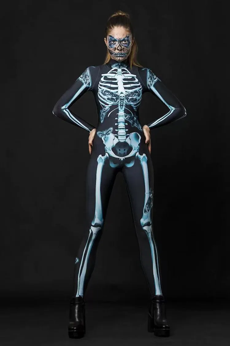 2022 Skeleton Digital Print Women's Skinny Halloween One Piece Jumpsuit Cosplay Costume Sexy Bodysuit Zentai Suit Women