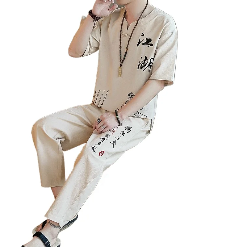 Summer Traditional Chinese Linen Tang Suit Men (Shirt + trousers) Cotton Linen Suit T Shirt Men Kungfu Clothes Tang Suit