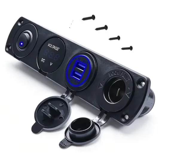 DaierTek 4 in 1 ON/OFF Charger Socket Panel Dual USB Socket Power Outlet & LED Voltmeter &Cigarette Lighter Socket& LED Switch