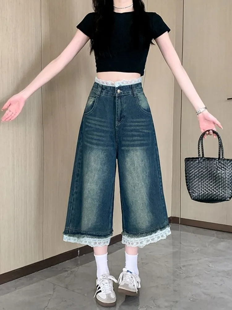 여름 여성용 미국 레트로 레이스 패치워크 블루 패션 청바지, 하이웨이스트 슬리밍 와이드 레그 크롭 팬츠
