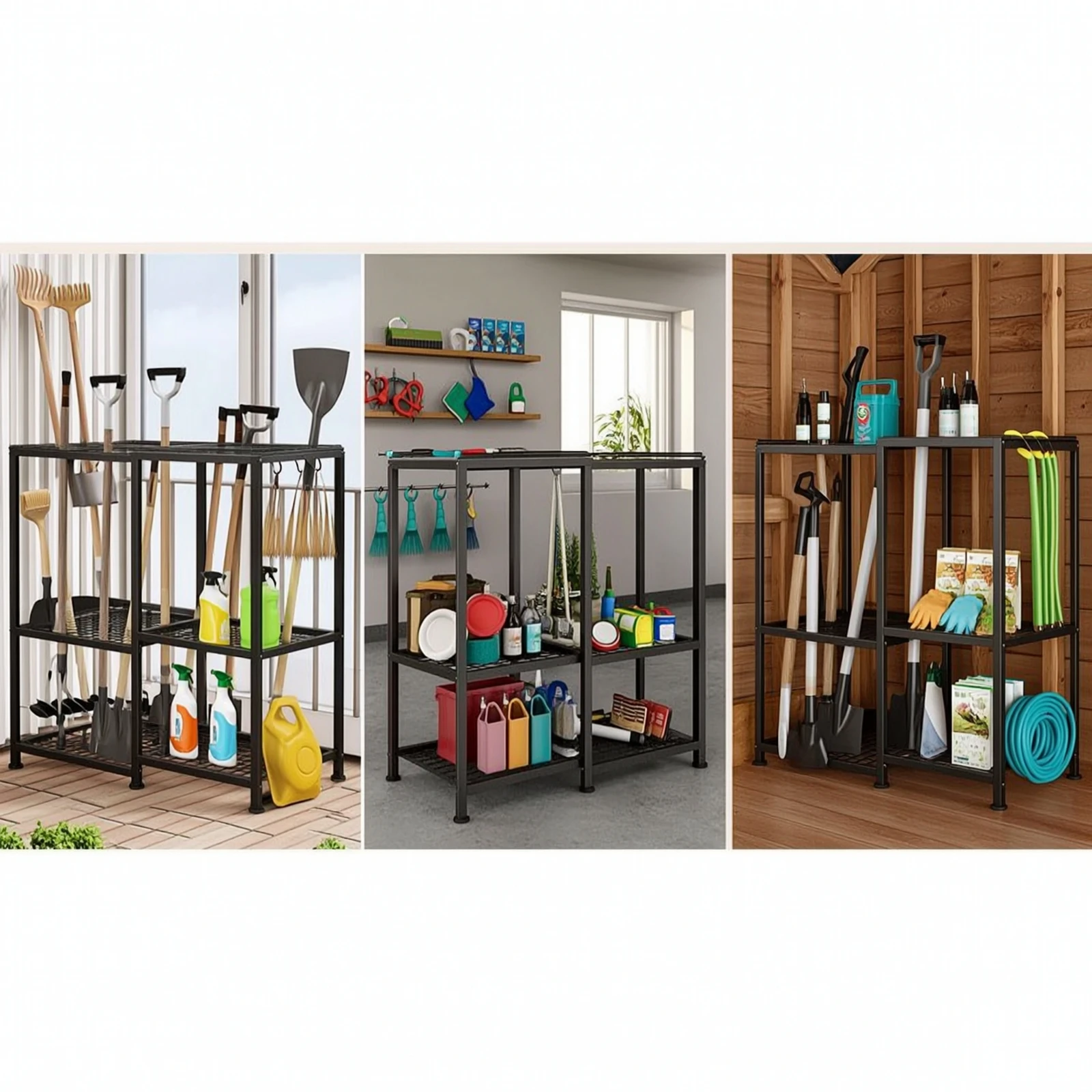 Garden Tool Organizer Three-Tier Garden Tool Rack Space-Saving Freestanding for Gardeners, Garage, Shed