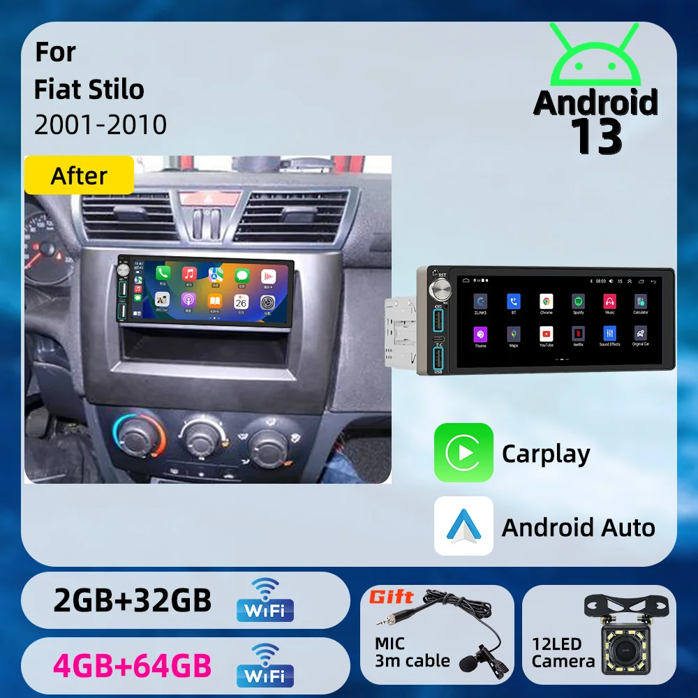 6.86 inch Android 1Din Car Screen Car Multimedia Autoradio Radio Head Unit Stereo for Fiat Stilo 2001-2010 Carplay GPS