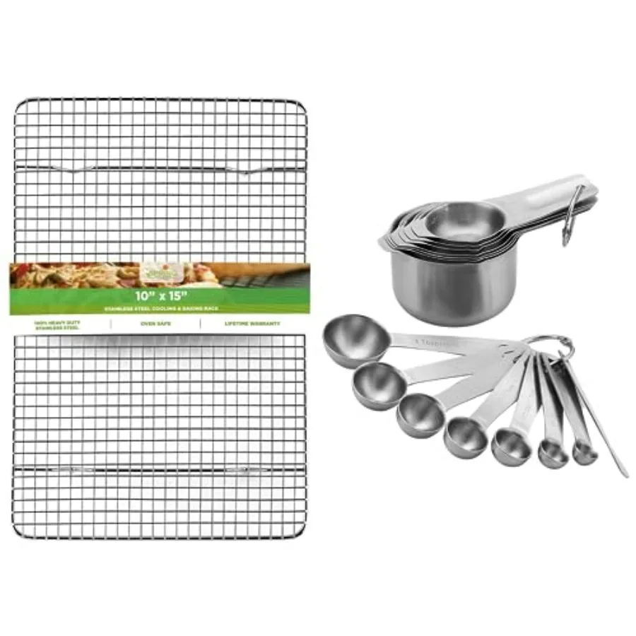 

Stainless Steel 10"x15" Cooling Rack & Heavy Duty Measuring Cups and Spoons, Set of 15-2 Product Bundle
