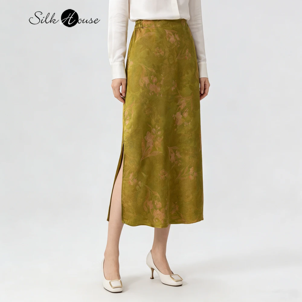 

Women's Fashion Clothing Breathable 100% Natural Mulberry Silk Printed Gambiered Guangdong Gauze Elastic Waist Split Hip Skirt