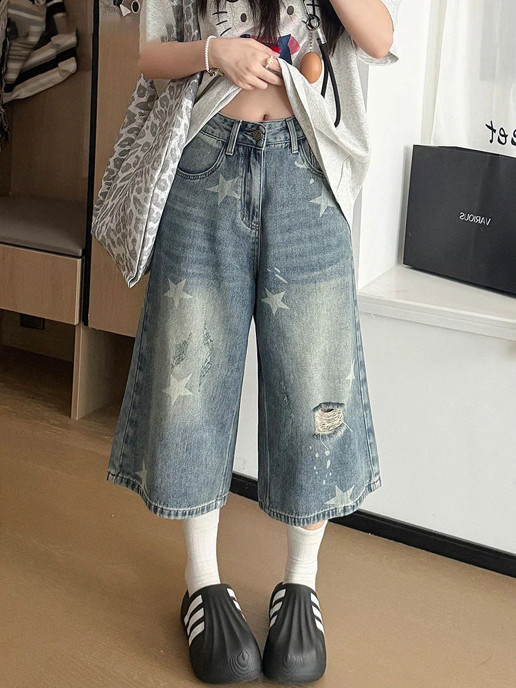 Women American Star Ripped Cropped Jeans Summer New Straight Leg Large Size Loose Wide Leg Streetwear Cool Girls Denim Pants