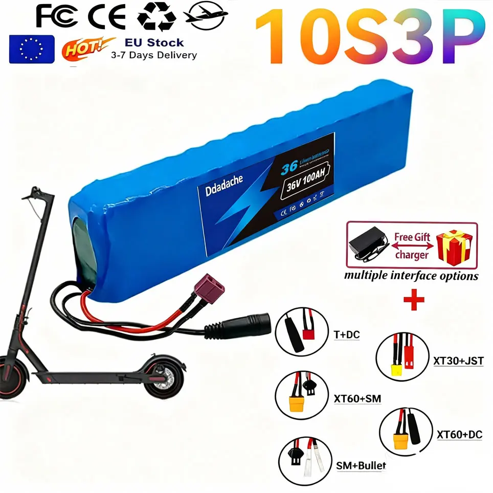 Batterie au lithium rechargeable 36V 100Ah 18650 10S3P 1000W Puissance modifiée Batterie de scooter électrique 36V avec BMS, SYP XT60 JST