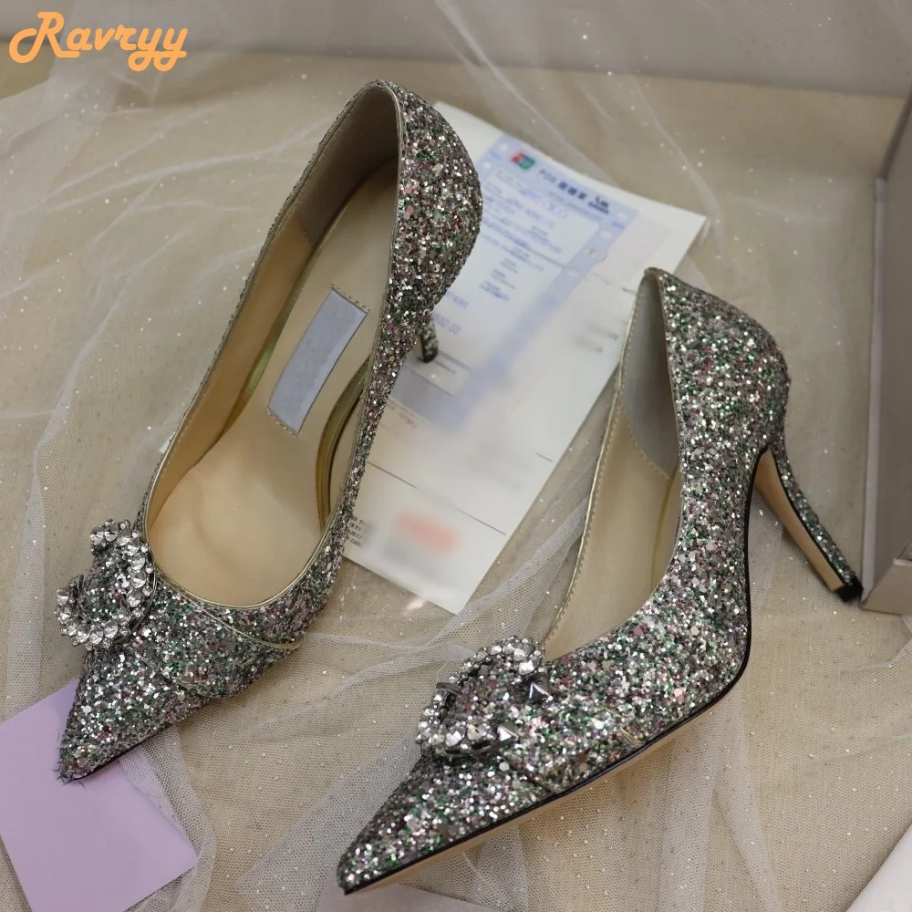 Zapatos de tacón alto con diamantes de imitación para mujer, tacones de aguja, punta estrecha, brillantes, brillantes