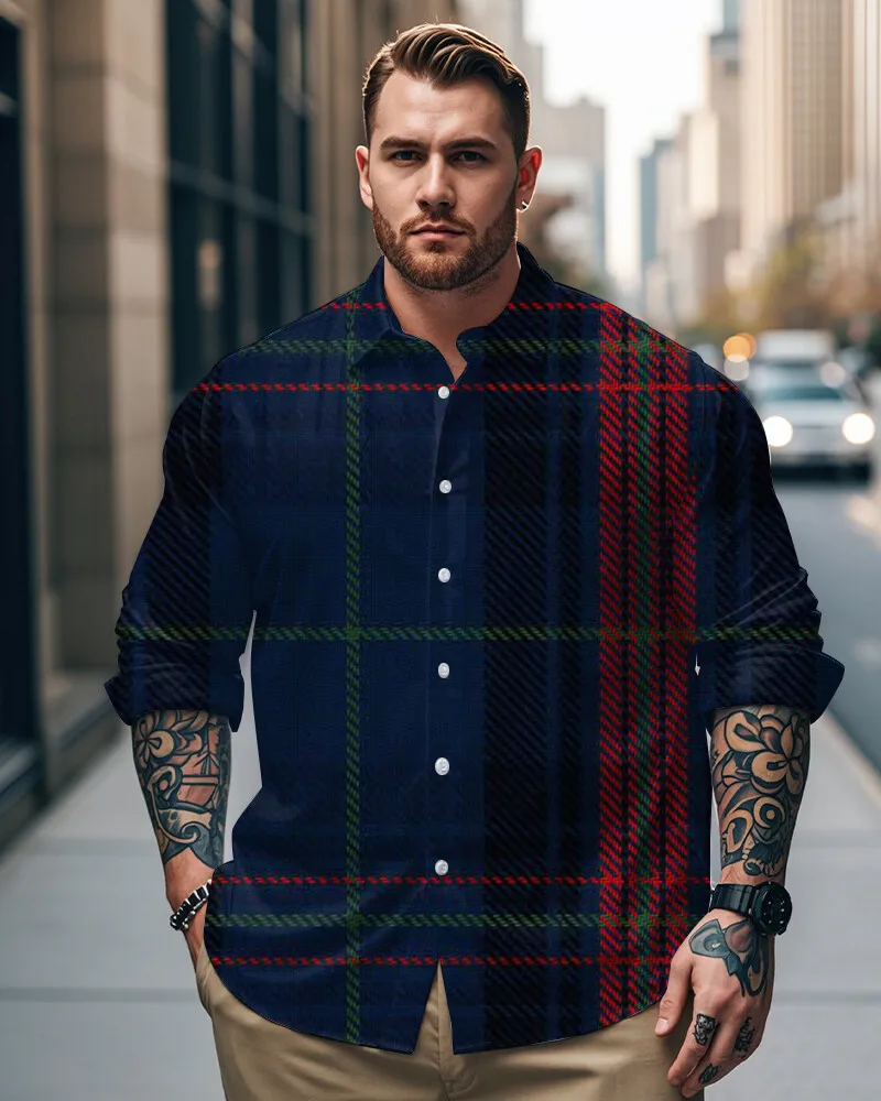 

S-9XL Plus Size Men's Striped & Plaid Print Long Sleeve Shirt, Casual Button-Down Geometric Dress Shirt, Multi-Designs Available
