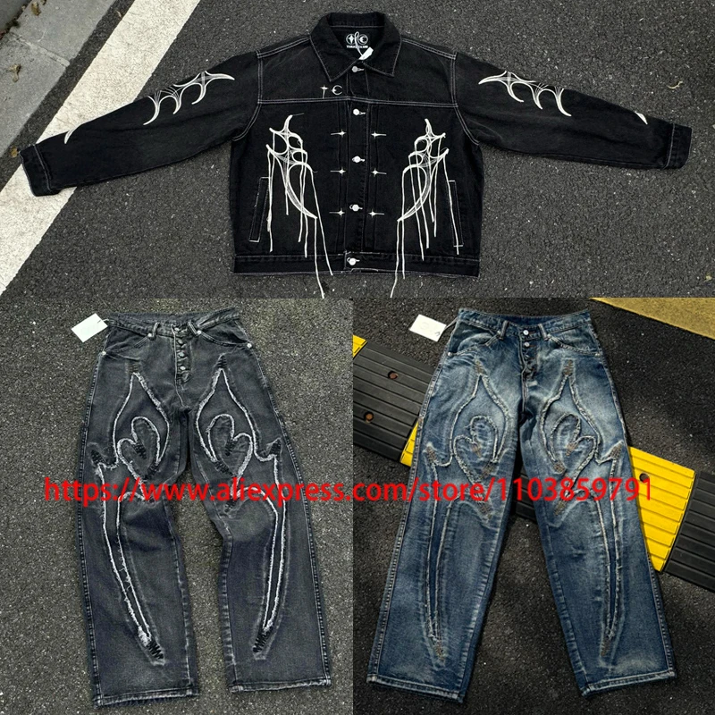 

Американская уличная одежда THUG CLUB Джинсовая куртка Хип-хоп Дерево Борода Линия Вышивка Мытая черная клубная джинсовая верхняя одежда Thug