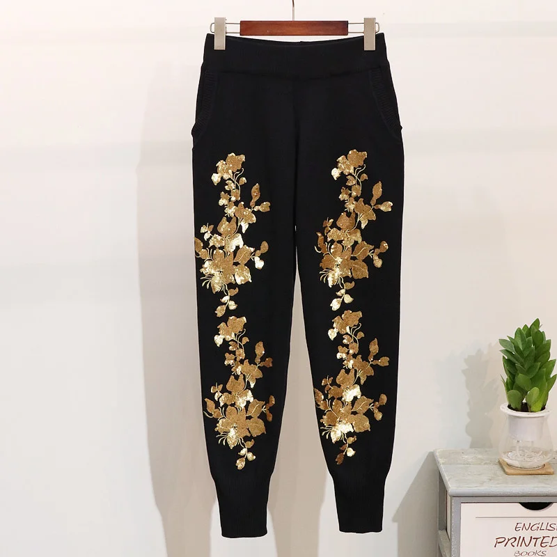 Spring Autumn Flower Embroidery Knit Sweaters Black Set Female Casual Tracksuits 2pcs Pullover Tops Harem Pants Two Pieces Set