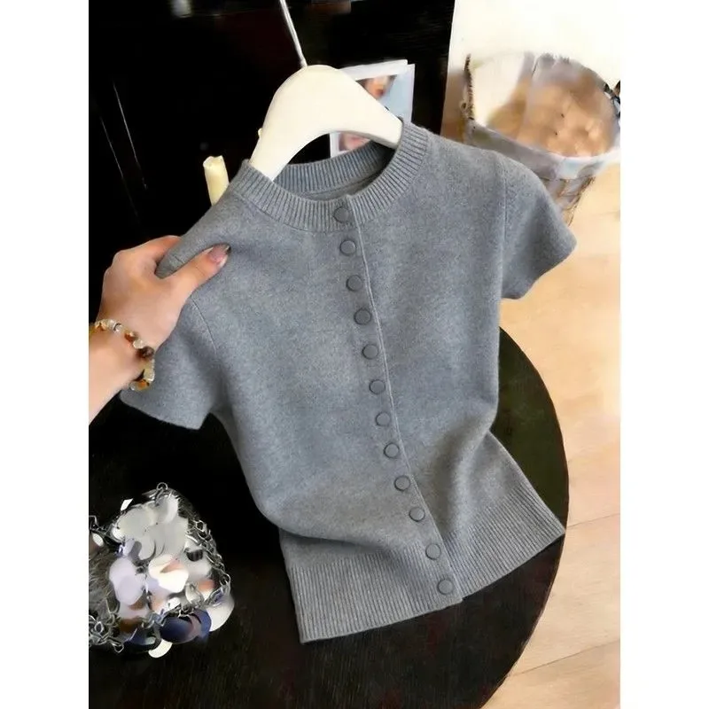 New 2026 Summer Stand-up Collar Short-sleeved Women's Knitted Cardigan Top Casual Single-breasted Solid Color Ladies T-shirt