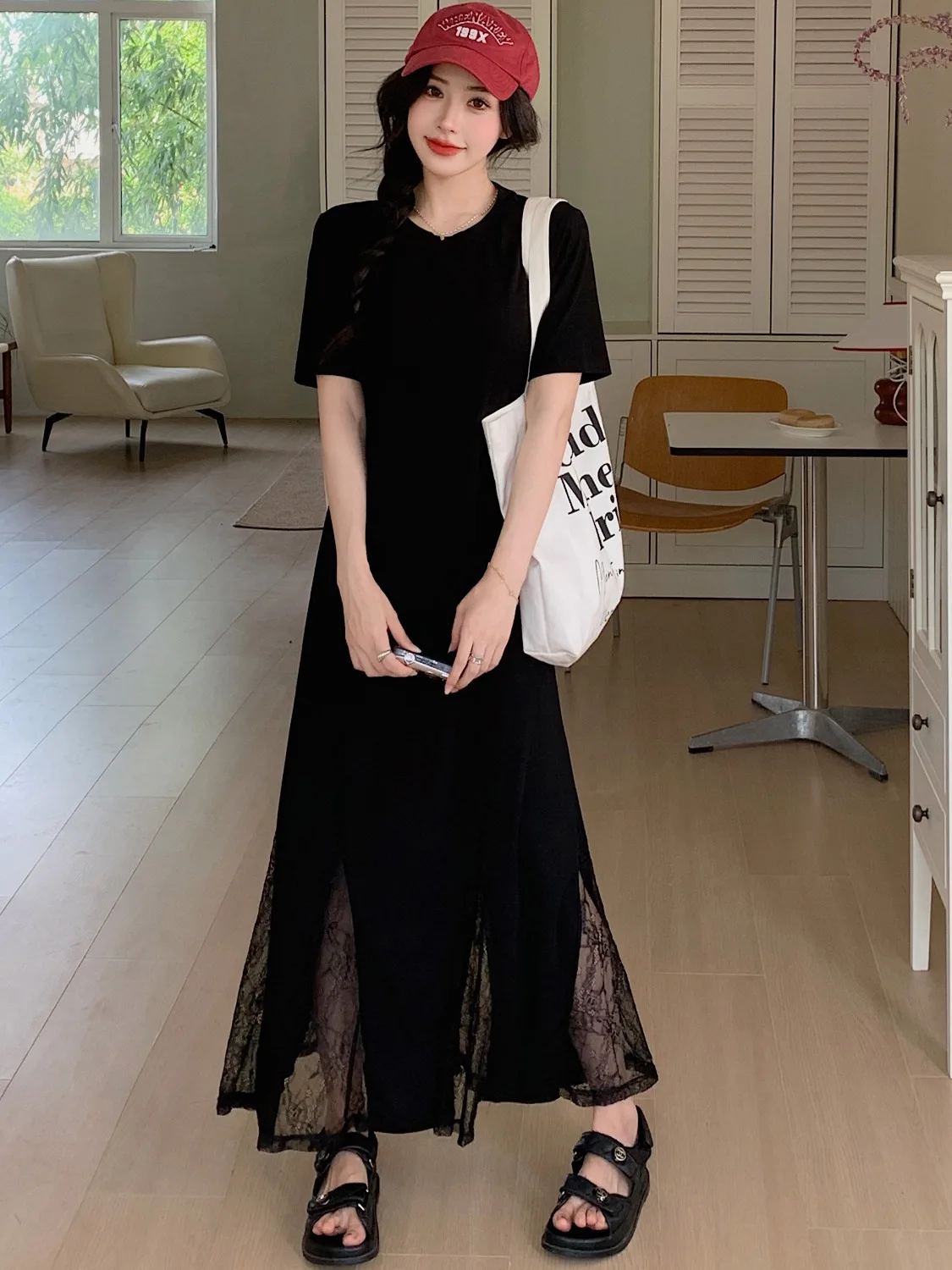 Coréen Sle ample minceur épissure couleur moi Fi queue longue Dr femmes Ele décontracté genou longueur t-shirt Dr