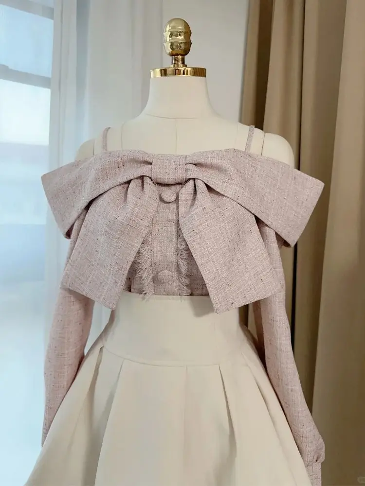 Japanese Sweet Coquette 2 Piece Skirt Set Women Off Shoulder Bow Long Sleeve Top High Waist Pleated Mini Dress Elegant Party