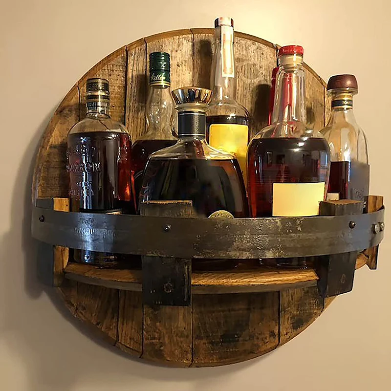 Bar Vintage Wooden Wine Bottle Holder Round Shelf Wall Display Decor Rack Wall Mount Whiskey Wine Bottle Shelves Floating Shelve