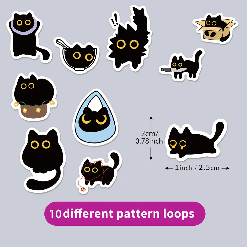 500PCS Ten Different Patterns Black Cat Roll Stickers Small Pattern Decoration DIY Luggage Skateboard Water Cup Stickers