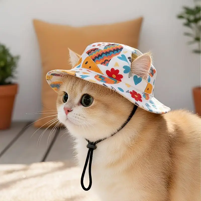 Cat Sun Hat UV Blocking Summer Pet Fisherman Cap Adjustable and Breathable for Outdoor Activities and Family Picnics