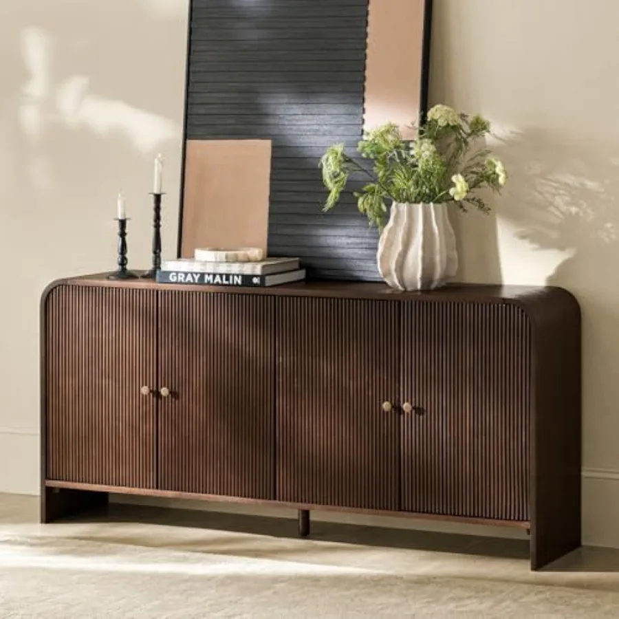 

63" Fluted Sideboard Buffet Cabinet, 4-Door Storage Sideboard with Adjustable Shelves, Multifunctional Credenza, Modern Sideboa
