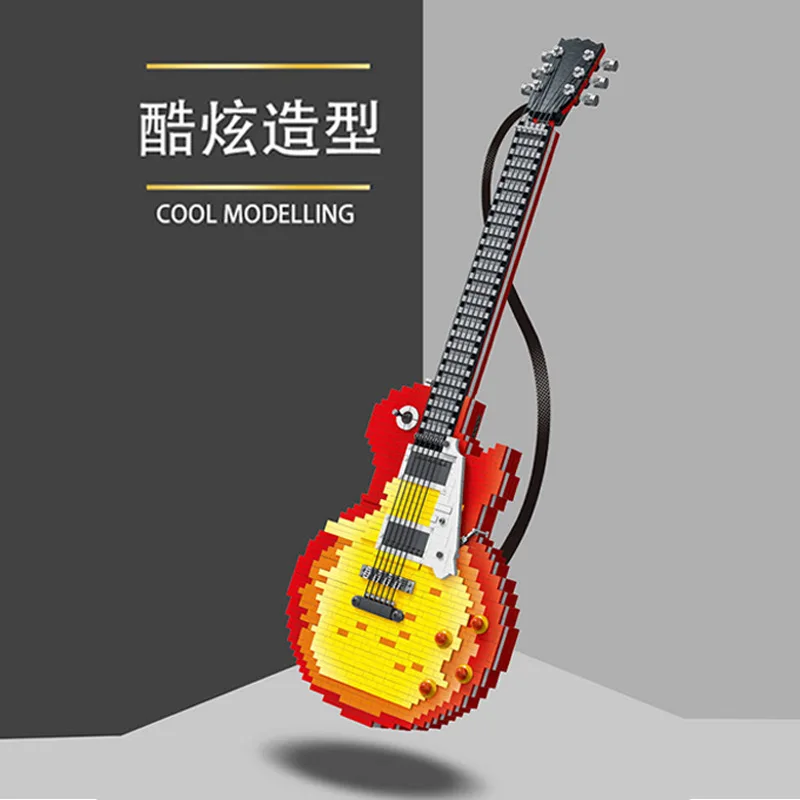 Mork 031010 Flame Guitar Model Creative MOC Music Series Small Particle Assembly Toys Building Blocks Boys Gift 2502Pcs