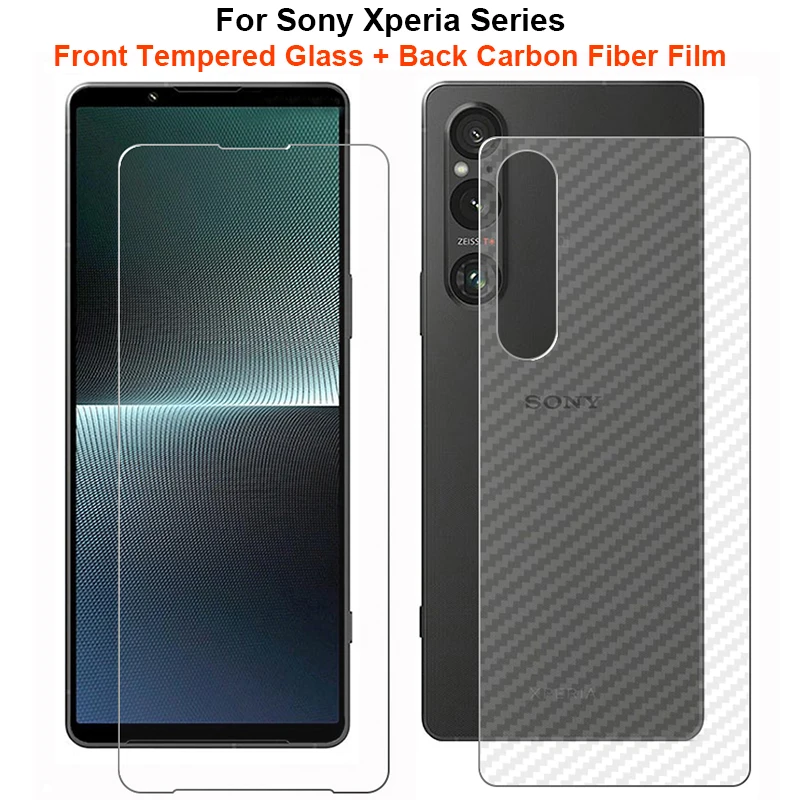 For Sony Xperia 1 10 VI 1 Set = Soft Back Carbon Fiber Film + Ultra Thin Clear Premium Tempered Glass Front Screen Protector