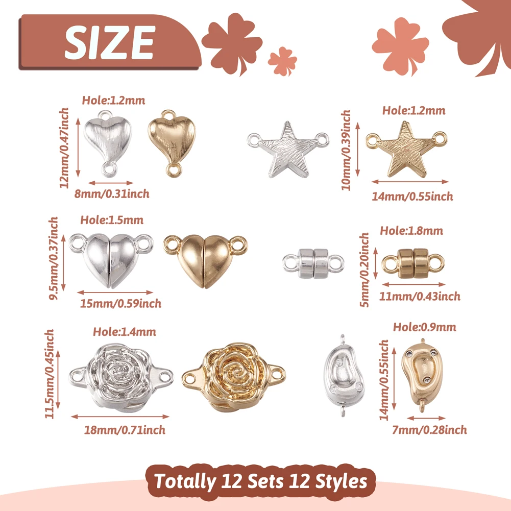 12 Sets Brass Magnet Clasp Love Heart Rose Star Magnetic Clasps for DIY Bracelet Jewelry Making Accessories Valentine's Day