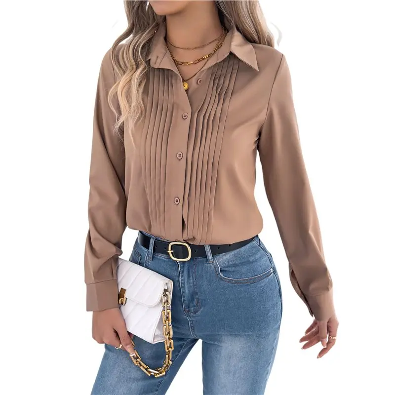 

Рубашки с пуговицами CYL для женщин, однотонные рубашки с длинными рукавами, плиссированные повседневные рабочие блузки, тонкие офисные топы
