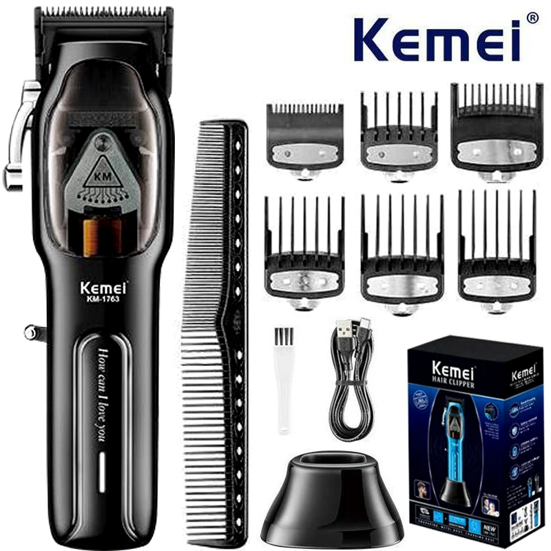 

Профессиональная электрическая машинка для стрижки волос Kemei, парикмахерская, высокоскоростной двигатель, 9000 об/мин, перезаряжаемый триммер для волос с зарядной базойKM-1763