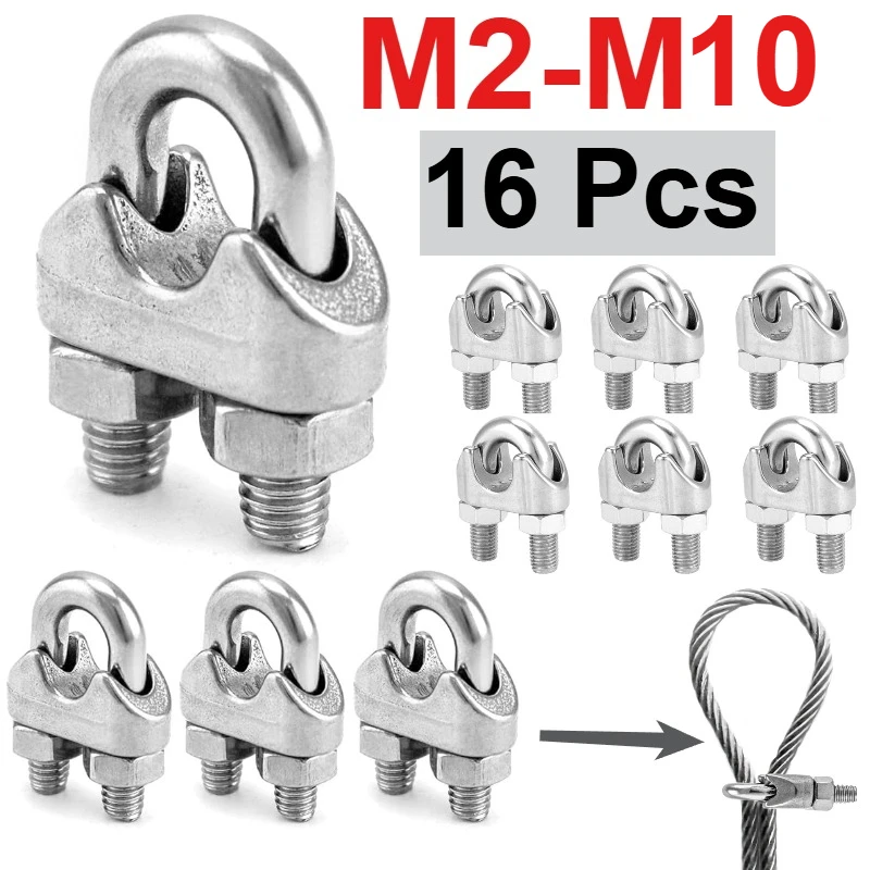

16 Pcs M2-M10 Wire Rope Cable Clip Clamp 304 Stainless Steel Wire Rope Clip U Bolt Saddle Fastener