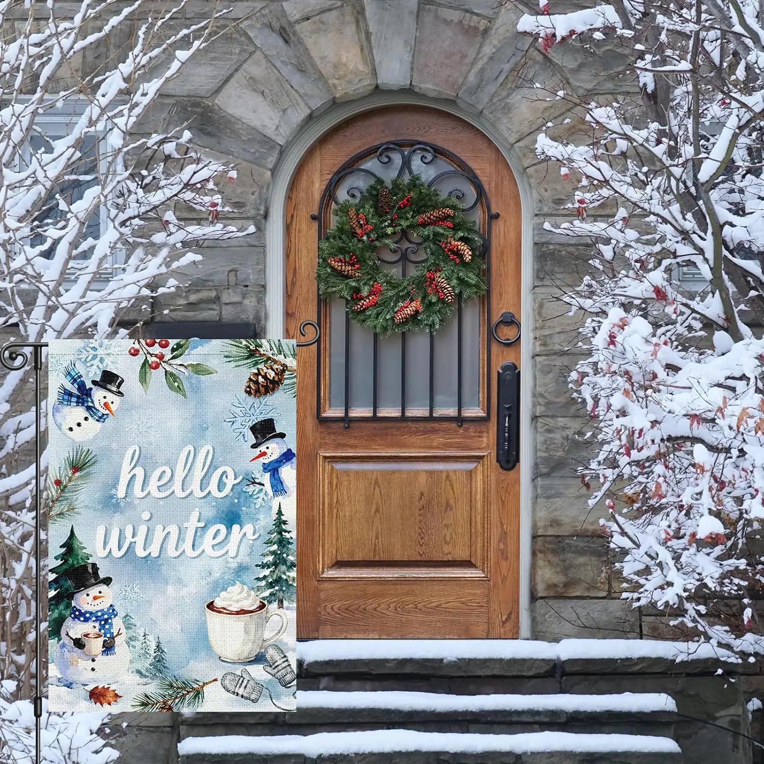 Louise Maelys Hello Winter Snowman Garden Flag Coffee Cup 12x18 Inch Double Sided Welcome Christmas Xmas Tree Holiday Season PPM