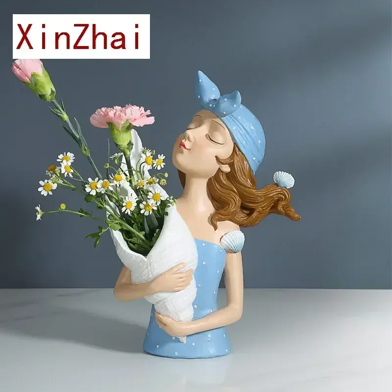 

Shell Girl Figurine Resin Blue Sculpture Starfish Vase Modern Storage Statue Home Living Room Tabletop Desktop Decor Accessories