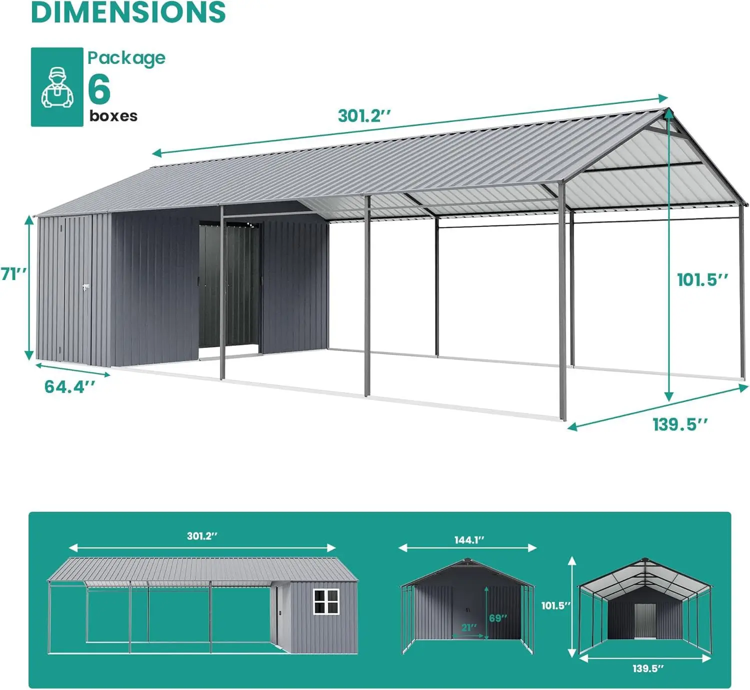 12x25 Metal Carport with 12x5 Shed, Heavy Duty Galvanized Steel Waterproof Garage for Car Truck Boat Equipment, Customized