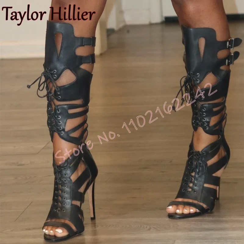 

Sexy Black Hollow Knee-High Boots Women Open Toe Stiletto Lace-Up Sandals With Belt Buckle Elegant Night Club Women Sandals 46