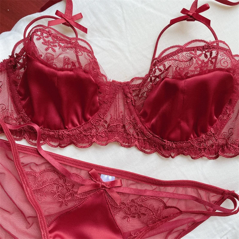 French Sexy Satin Embroidery Bra Set Women Ultra Thin Lace Flowers Underwear Romantic Bralette Breathable Bras and Panties Set